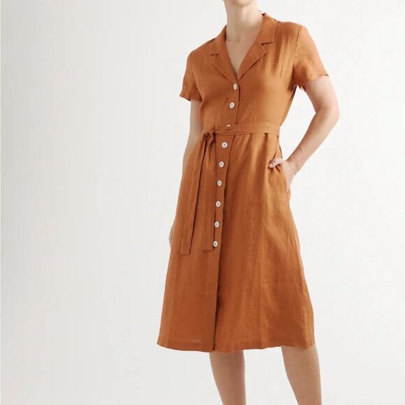 Quince -100% EUROPEAN LINEN BUTTON FRONT DRESS/orange/  M - Picture 1 of 6